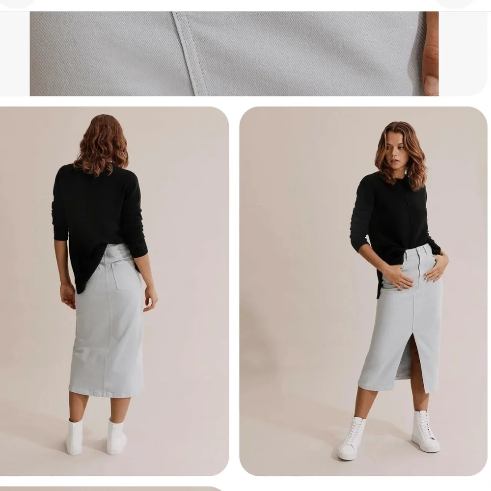 Light Grey COUNTRY ROAD Denim Midi Skirt, Stretch, Pockets, Front Split, Size 16 - Picture 4 of 6